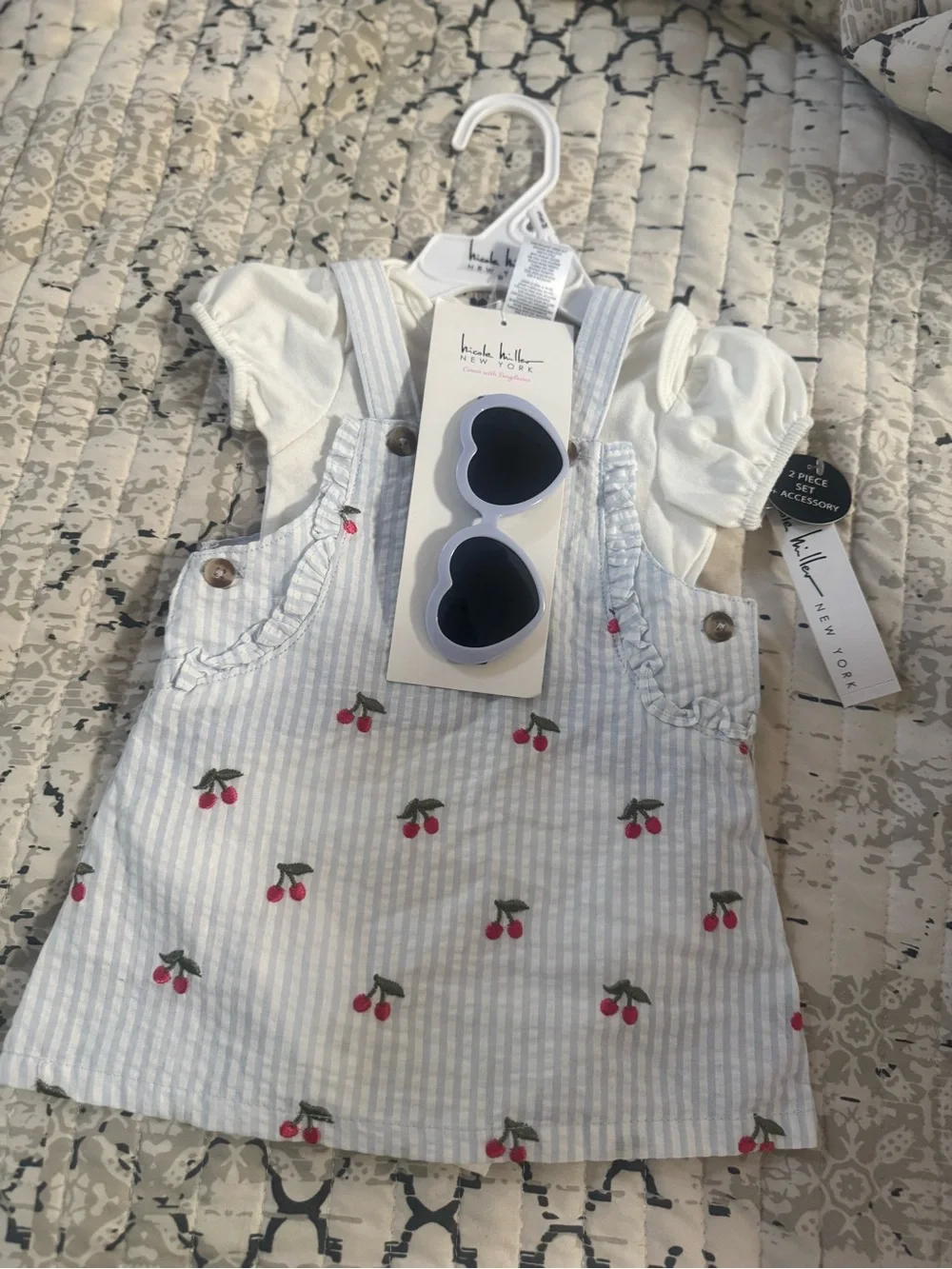 Baby Blue Cherry Pinafore Dress with White Top